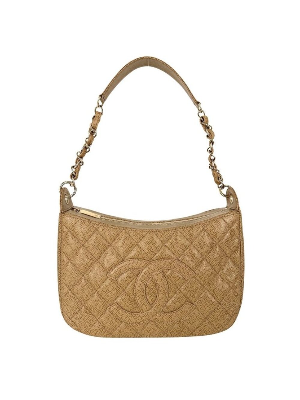 Chanel Handbag Quilted Bag CC Logo Shoulder Caviar Leather Beige Gold